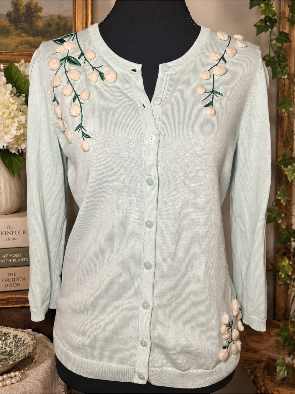 Talbots Mint Green 3D Floral Embroidered Cardigan Cottagecore Small